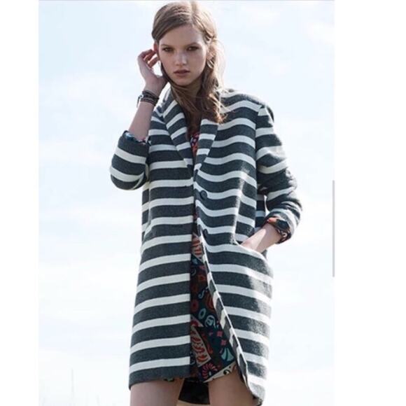 Maje Goelette Charcoal & Off White Striped Woven Coat size small - Picture 16 of 16